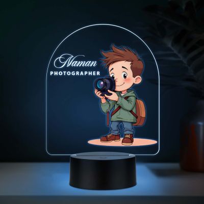 Personalized Photographer LED Night Light, Cartoon Boy with Camera Design, Color Changing Acrylic Lamp Gift for Photographer Office & Home Decor Light